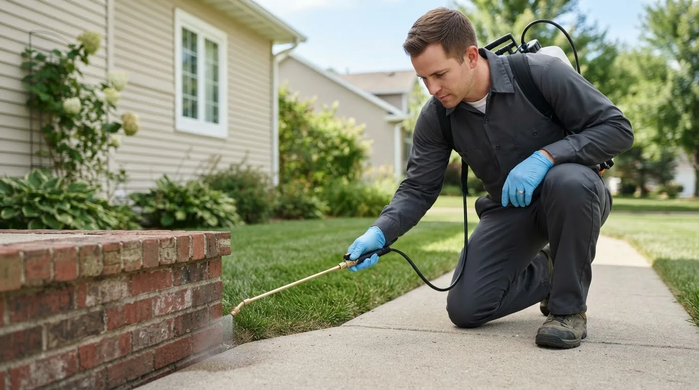 Pest control technician treating a home near Henderson, MD