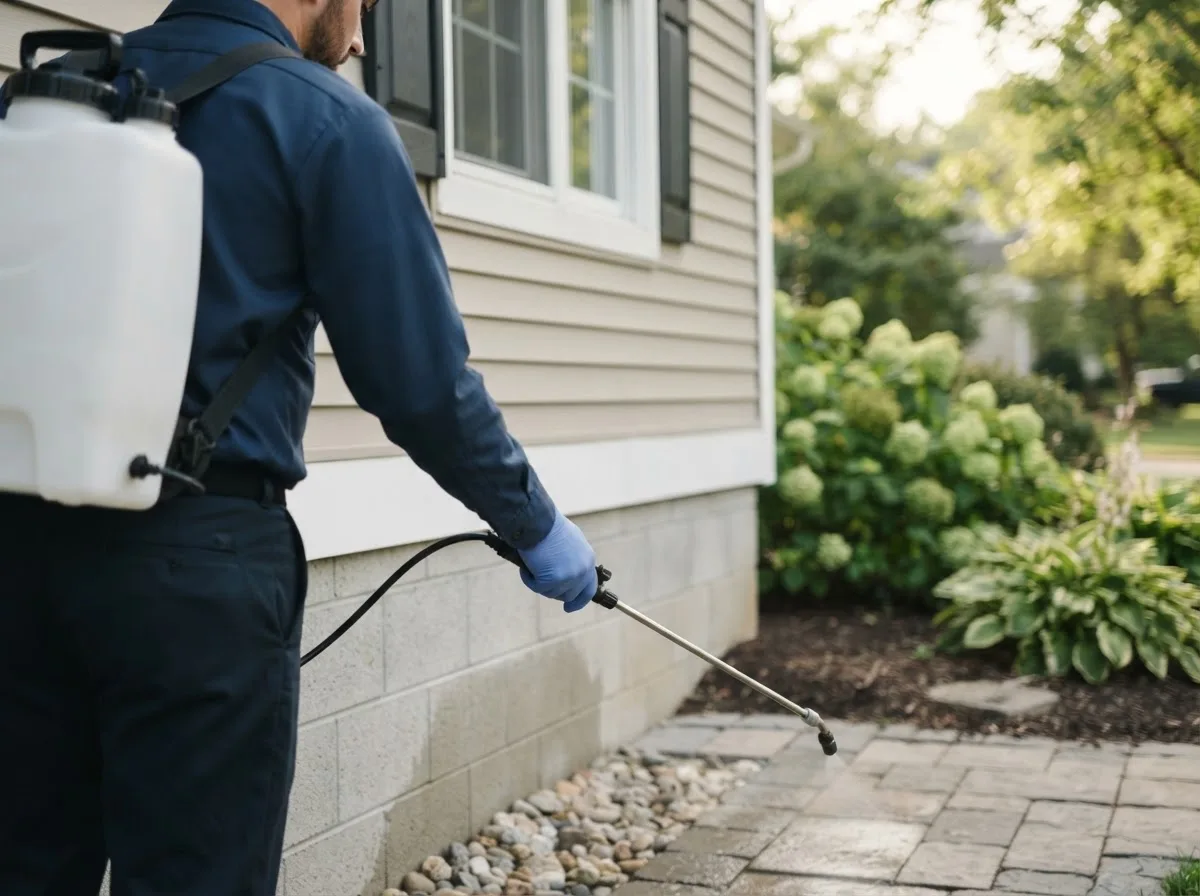 Pest control technician inspecting a home in Henderson, MD